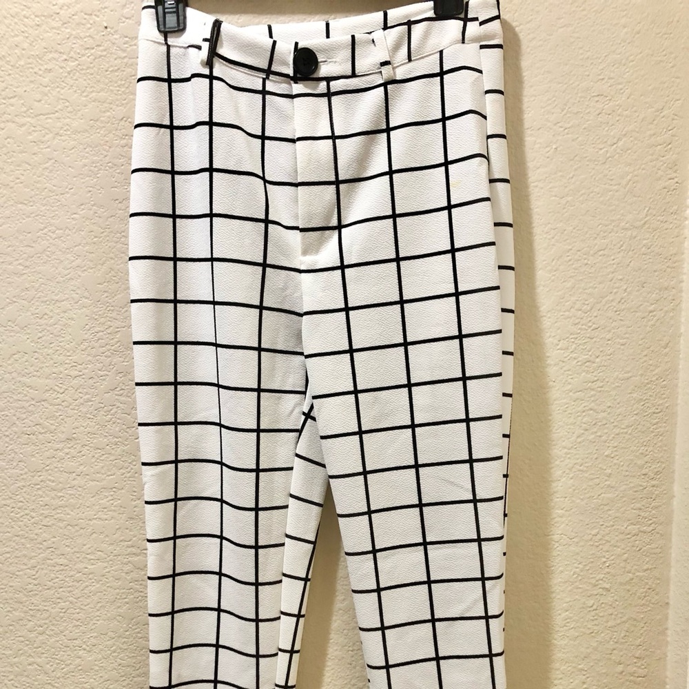 SHEIN White Pants with Black Windowpane Grid